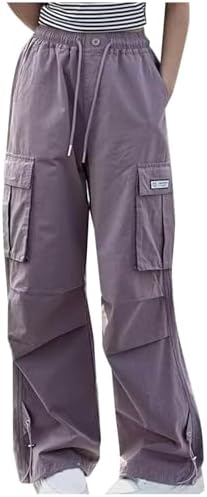 Girls Wide Leg Cargo Pants Drawstring High Waisted Parachute Pants