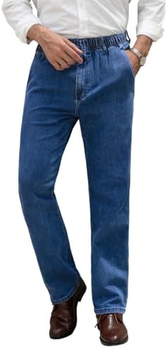 Voeeron Men Elastic Waist Jeans Relaxed Fit Denim Pants