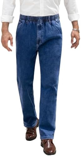 Voeeron Men Elastic Waist Jeans Relaxed Fit Denim Pants