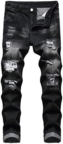 QIMYUM Mens Ripped Jeans Slim Fit Straight Leg Denim Pants