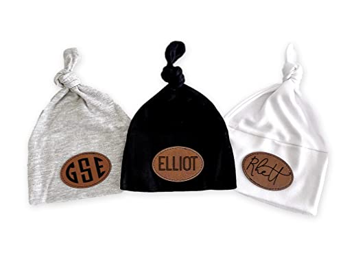 Warm Trendy Knotted Baby Beanie Hat for Boys Personalized with Leather Names