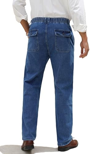 Voeeron Men Elastic Waist Jeans Relaxed Fit Denim Pants