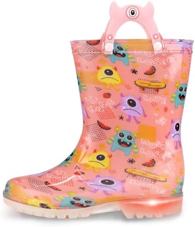 JSLOVE Fun Little Monster Print Light-Up Waterproof Rain Boots for Kids