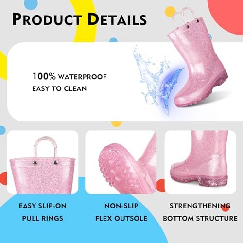 GAWBAW Toddler Rain Boots Light-Up Heels Waterproof Easy On