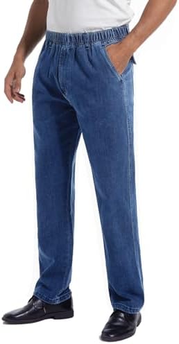Voeeron Men Elastic Waist Jeans Relaxed Fit Denim Pants