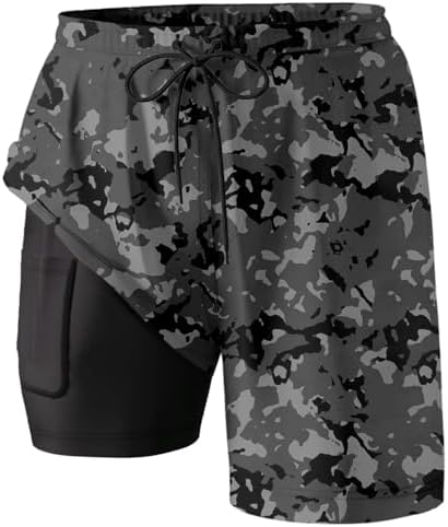 Mens Compression Swim Trunks with Pocket Camouflage Print for Summer