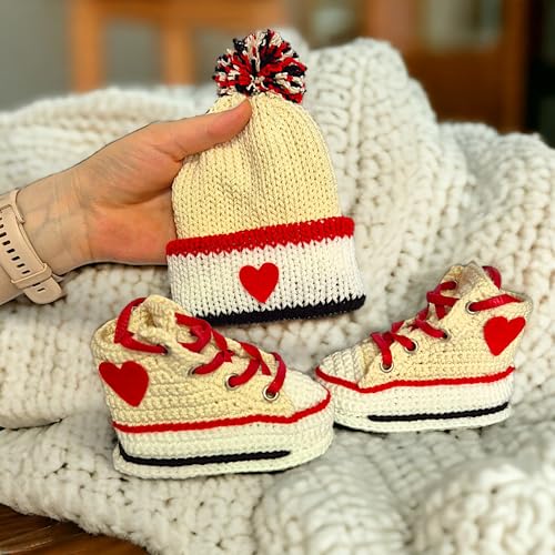 Handmade Off-White Baby Booties Set with Heart Design