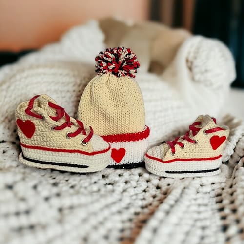 Handmade Off-White Baby Booties Set with Heart Design