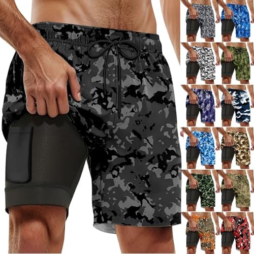 Mens Compression Swim Trunks with Pocket Camouflage Print for Summer
