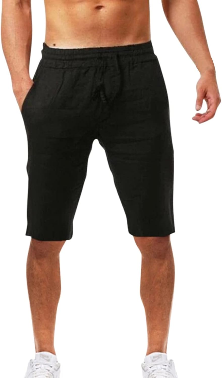 Mens Lightweight Linen Shorts Drawstring Elastic Waist