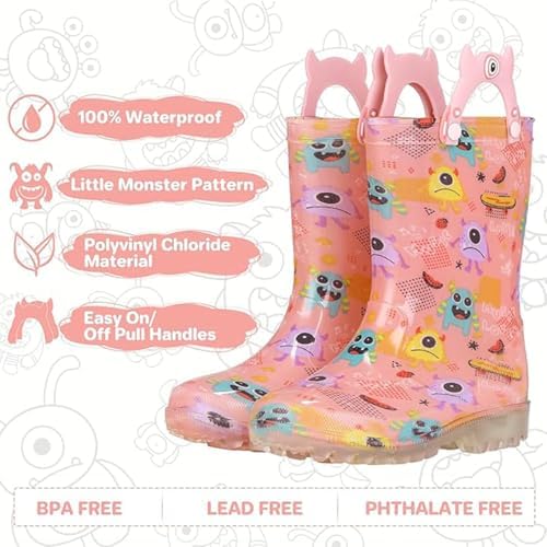 JSLOVE Fun Little Monster Print Light-Up Waterproof Rain Boots for Kids