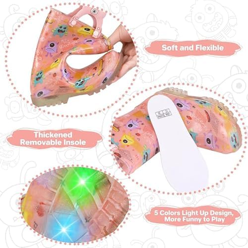 JSLOVE Fun Little Monster Print Light-Up Waterproof Rain Boots for Kids