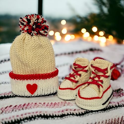Handmade Off-White Baby Booties Set with Heart Design