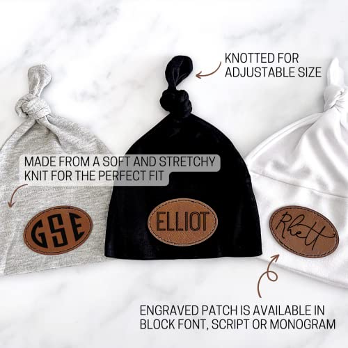 Warm Trendy Knotted Baby Beanie Hat for Boys Personalized with Leather Names