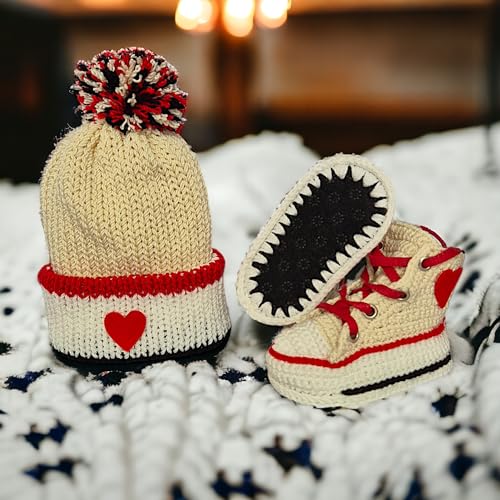 Handmade Off-White Baby Booties Set with Heart Design