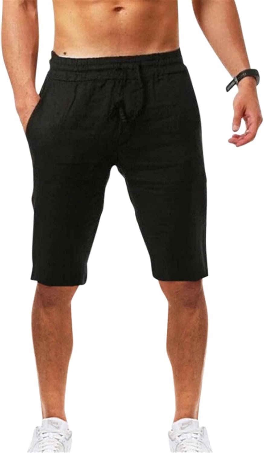 Mens Lightweight Linen Shorts Drawstring Elastic Waist