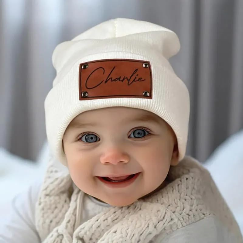 Custom Leather Patch Baby Beanie Hat