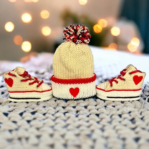 Handmade Off-White Baby Booties Set with Heart Design