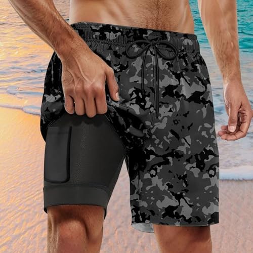 Mens Compression Swim Trunks with Pocket Camouflage Print for Summer