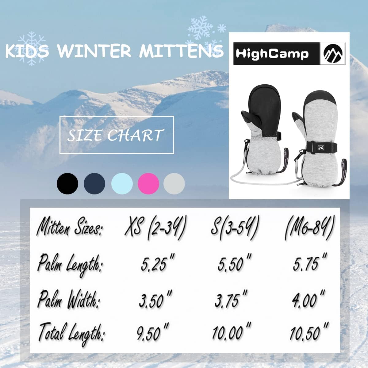 HIGHCAMP Kids Ski Mittens Waterproof Winter Gloves with Zipper and Adjustable Strap