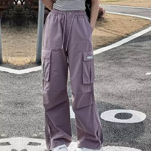 Girls Wide Leg Cargo Pants Drawstring High Waisted Parachute Pants