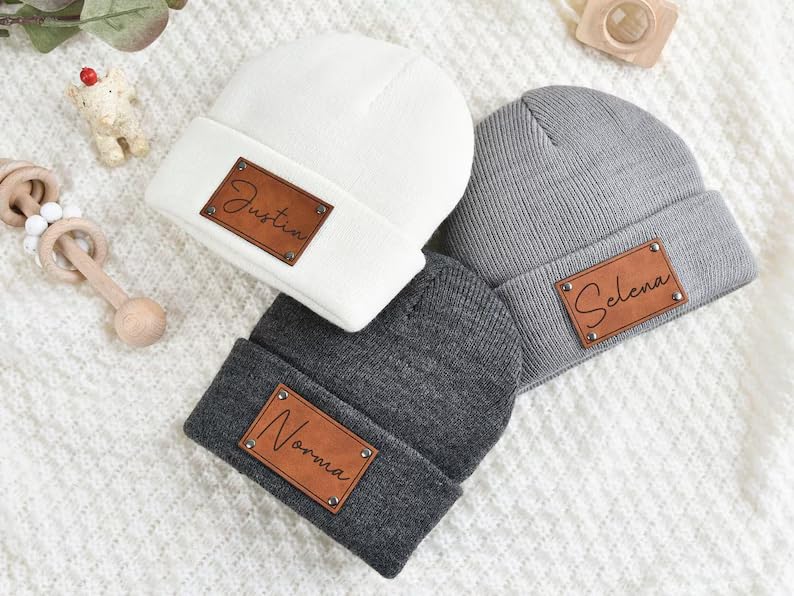 Personalized Baby Beanie Soft Warm with Leather Patch Newborn Essential