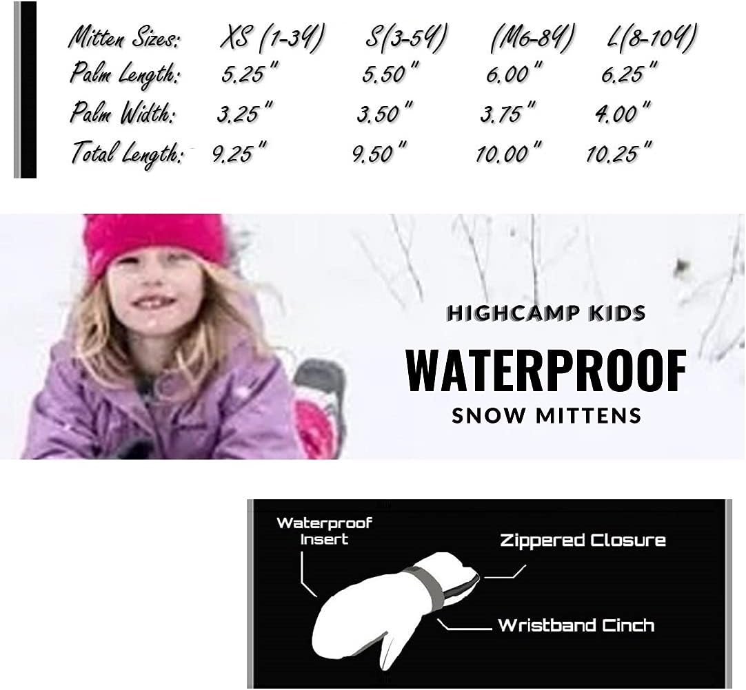 HIGHCAMP Winter Snow Mitten Gloves for Kids