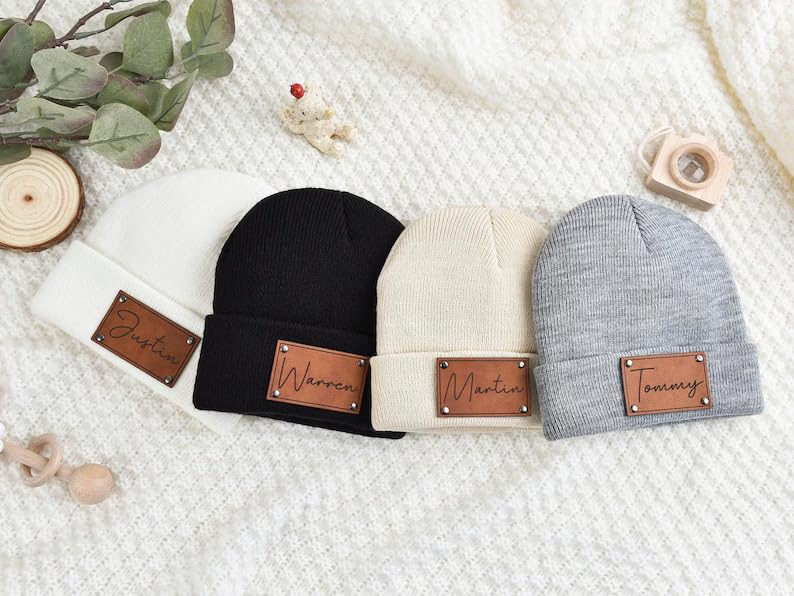 Personalized Baby Beanie Soft Warm with Leather Patch Newborn Essential