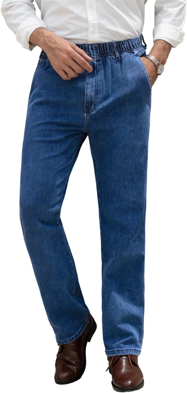 Voeeron Men Elastic Waist Jeans Relaxed Fit Denim Pants