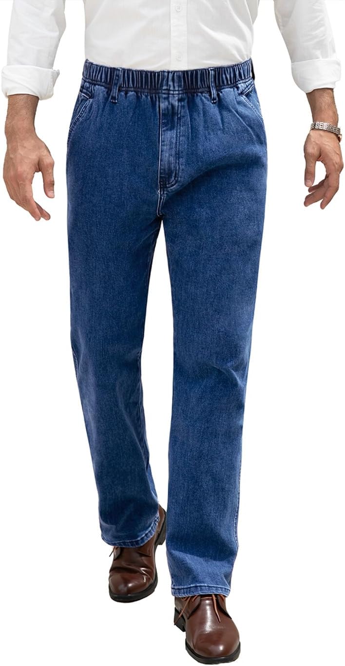 Voeeron Men Elastic Waist Jeans Relaxed Fit Denim Pants