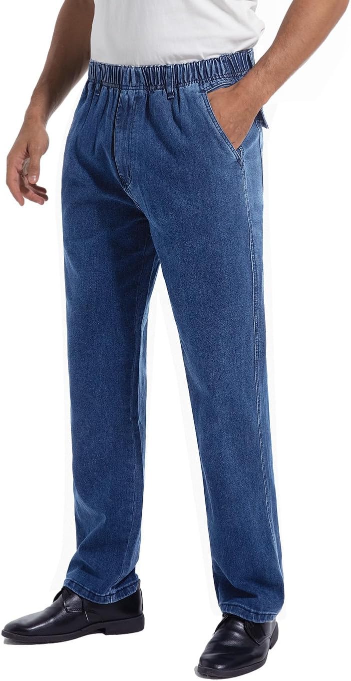 Voeeron Men Elastic Waist Jeans Relaxed Fit Denim Pants