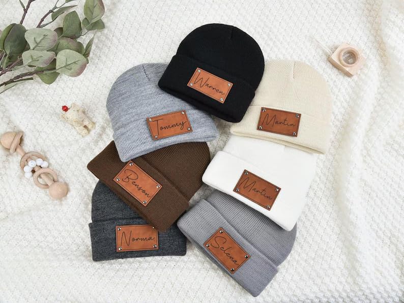 Personalized Baby Beanie Soft Warm with Leather Patch Newborn Essential