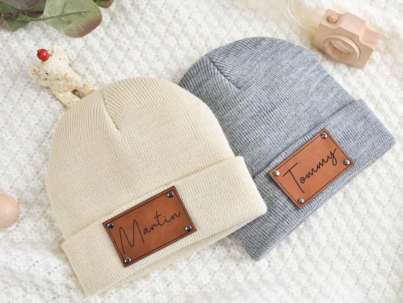 Personalized Baby Beanie Soft Warm with Leather Patch Newborn Essential