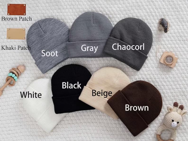 Personalized Baby Beanie Soft Warm with Leather Patch Newborn Essential