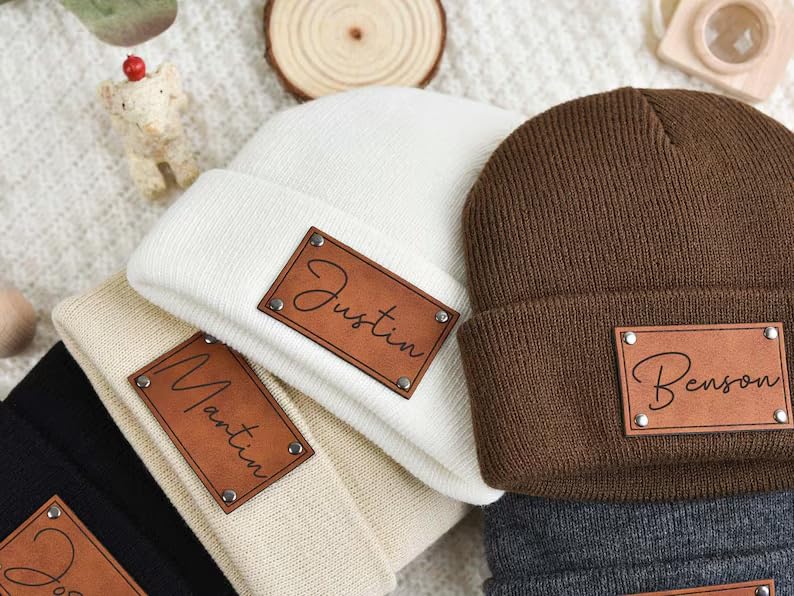 Personalized Baby Beanie Soft Warm with Leather Patch Newborn Essential