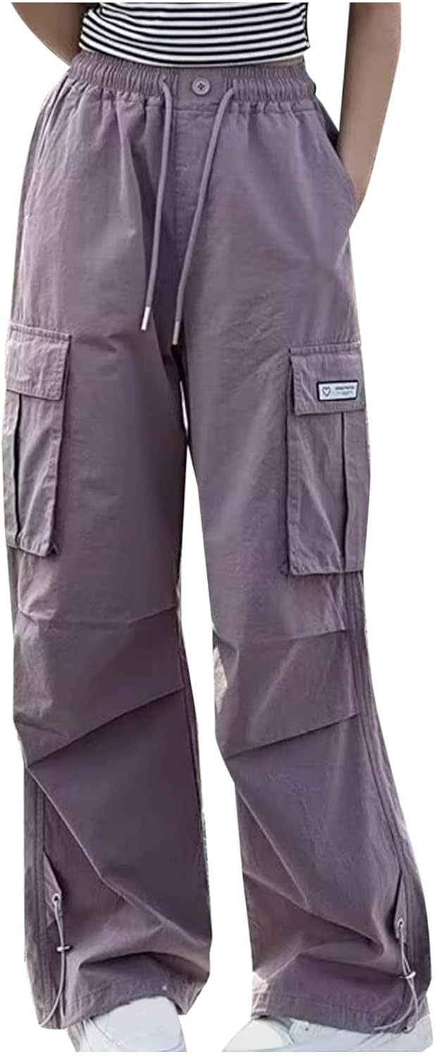 Girls Wide Leg Cargo Pants Drawstring High Waisted Parachute Pants