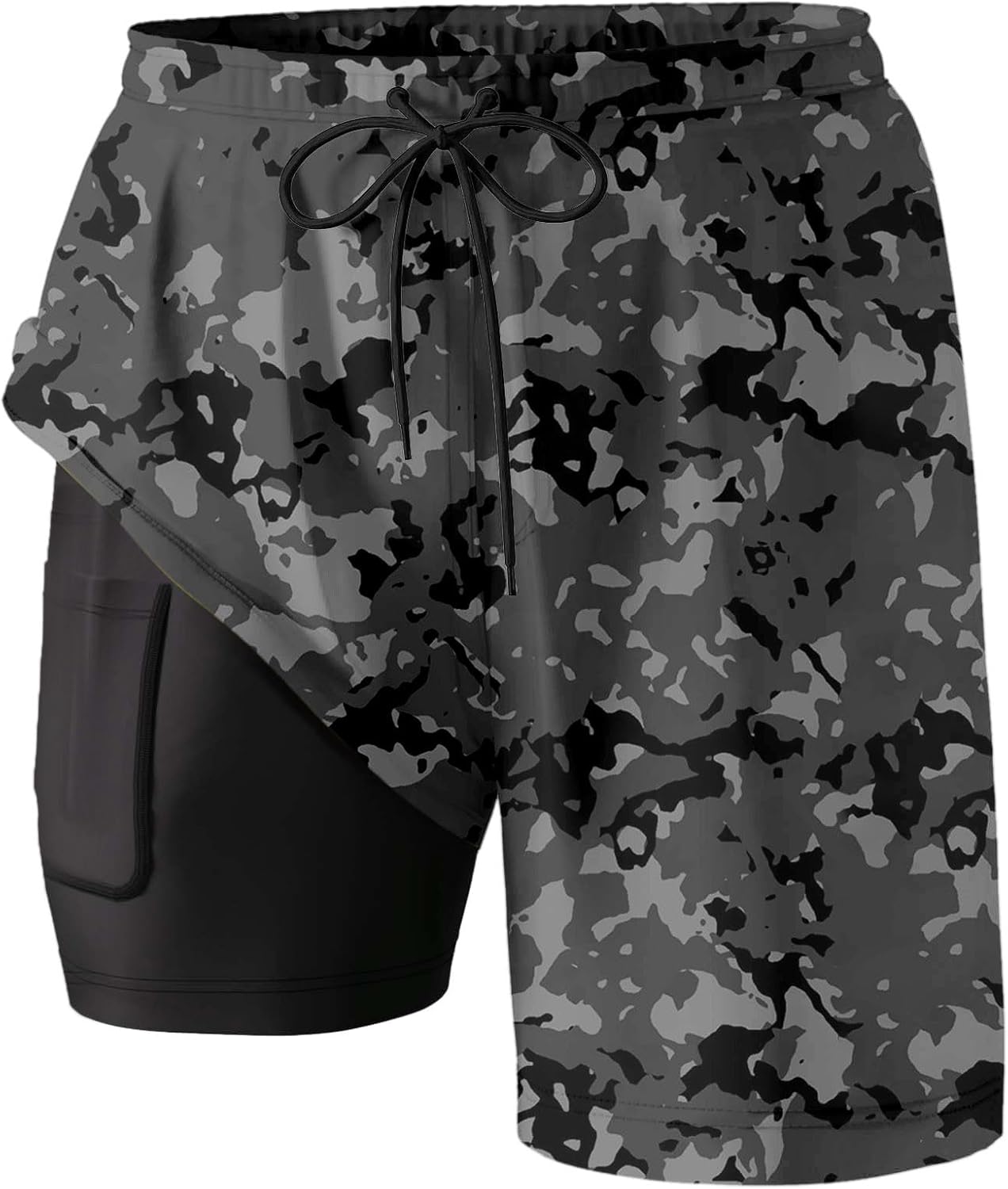 Mens Compression Swim Trunks with Pocket Camouflage Print for Summer