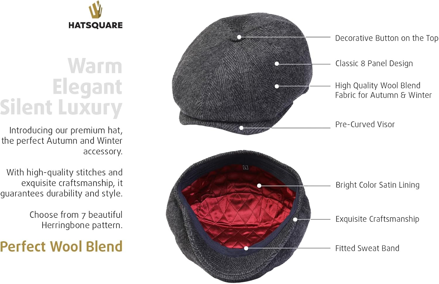 HATSQUARE Herringbone wool mens newsboy cap
