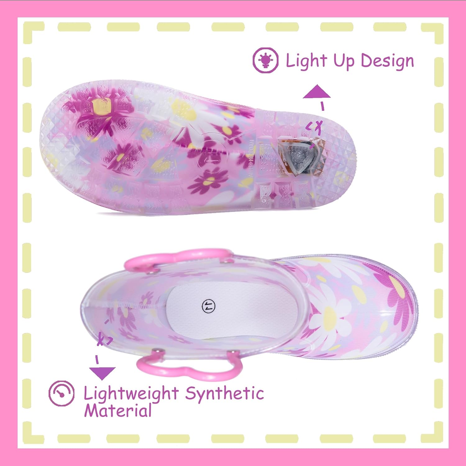 Outee Toddler Kids Adorable Lightwight Waterproof Rain Boots with Light-Up Design