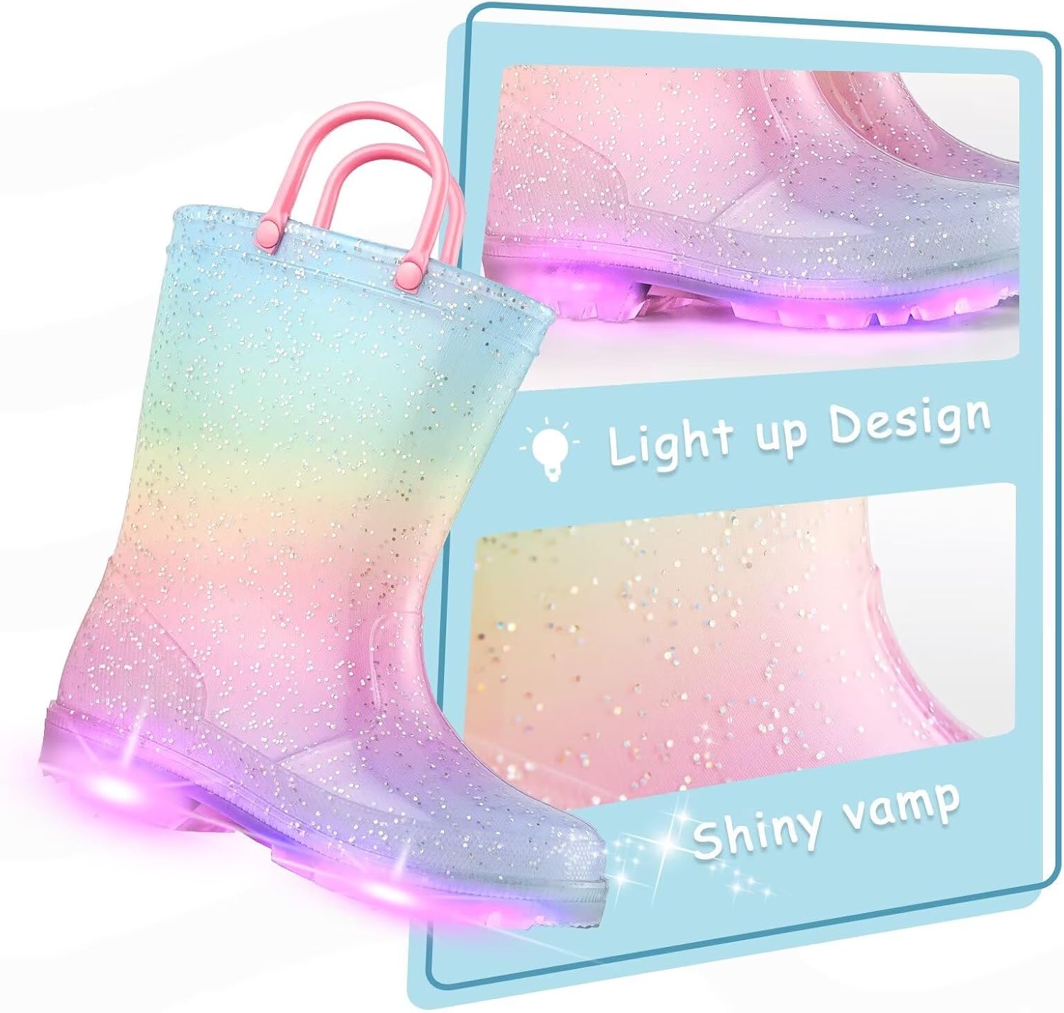 Waterproof Rainbow Glitter Toddler Boots with Easy On Handles