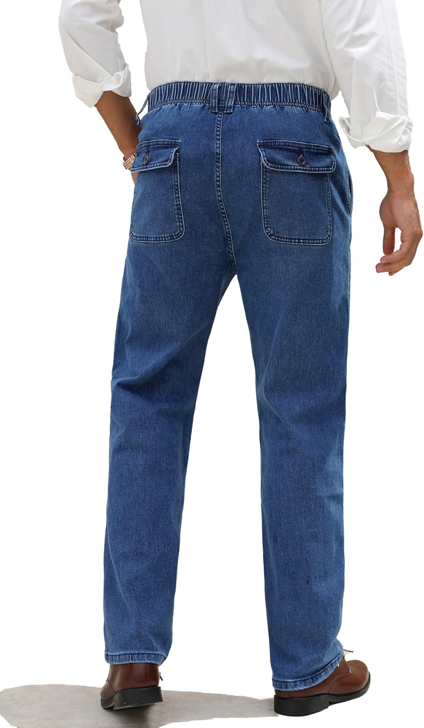 Voeeron Men Elastic Waist Jeans Relaxed Fit Denim Pants