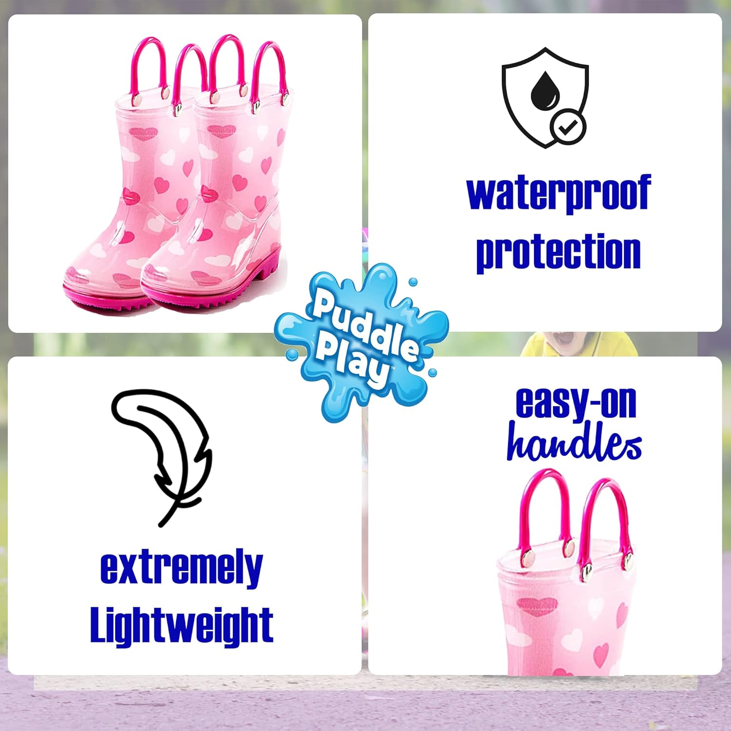 Puddle Play Rain Boots Pink Heart Design for Toddlers - Lightweight Waterproof