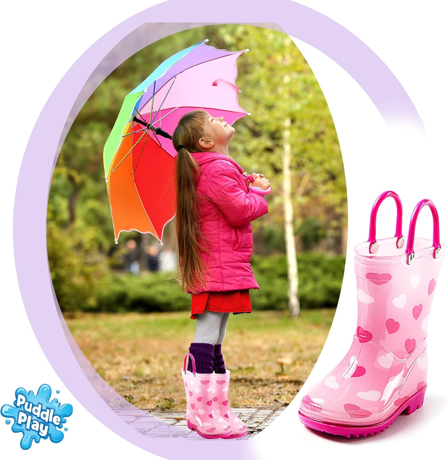 Puddle Play Rain Boots Pink Heart Design for Toddlers - Lightweight Waterproof