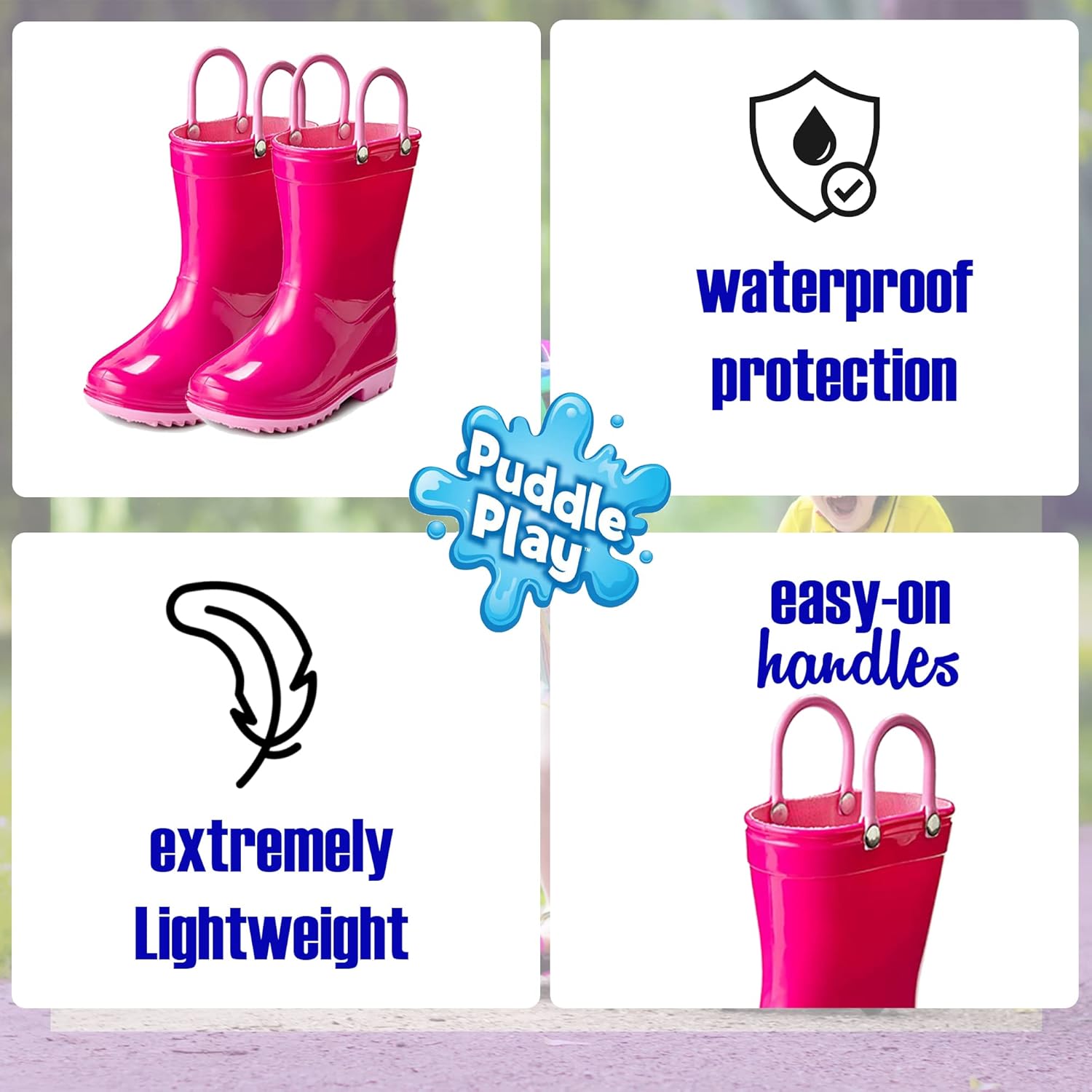 Puddle Play Toddlers Waterproof Rain Boots with Easy-On Handles