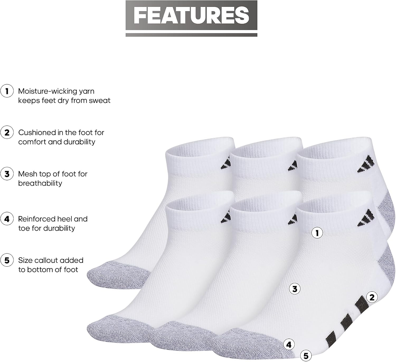 Adidas Kids Athletic Cushioned Running Socks 6-Pair Set