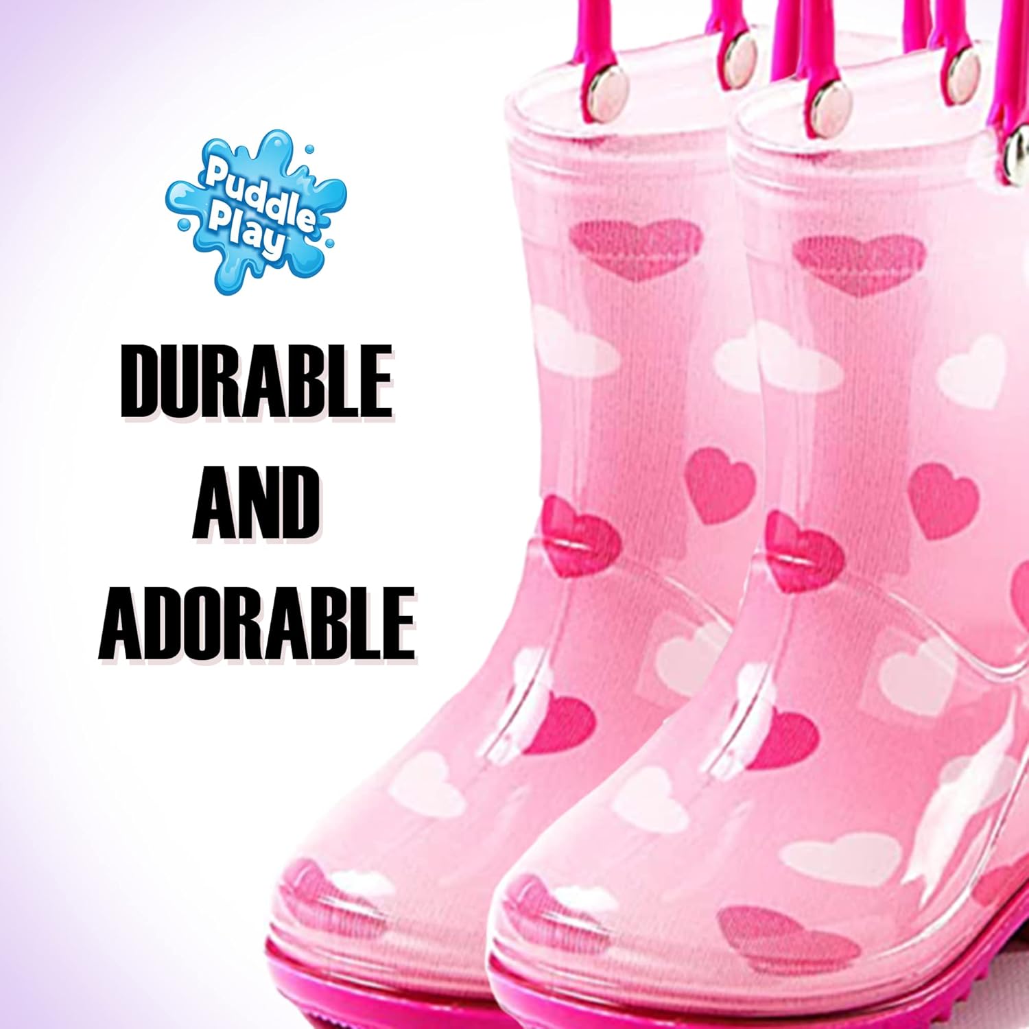 Puddle Play Rain Boots Pink Heart Design for Toddlers - Lightweight Waterproof