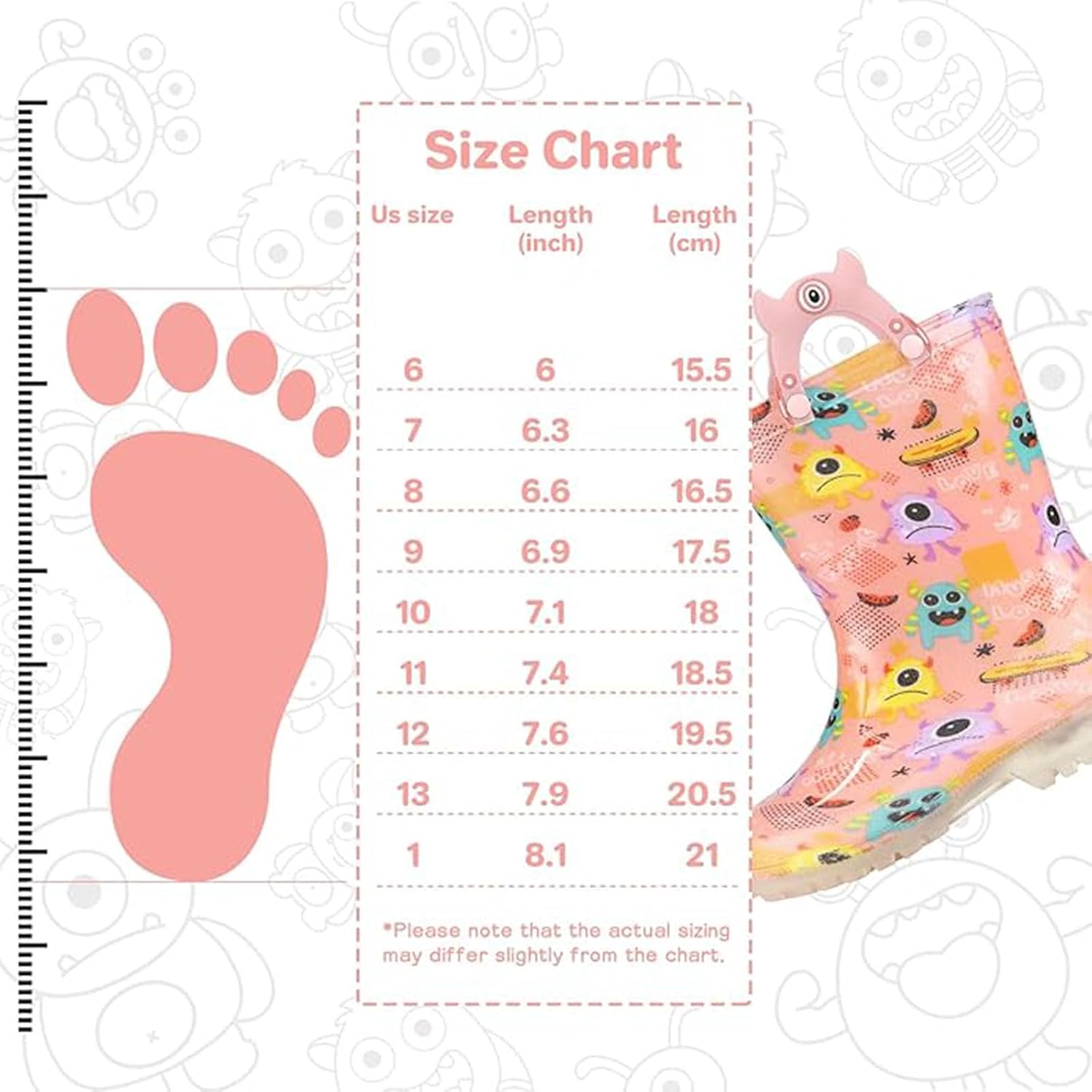 JSLOVE Fun Little Monster Print Light-Up Waterproof Rain Boots for Kids