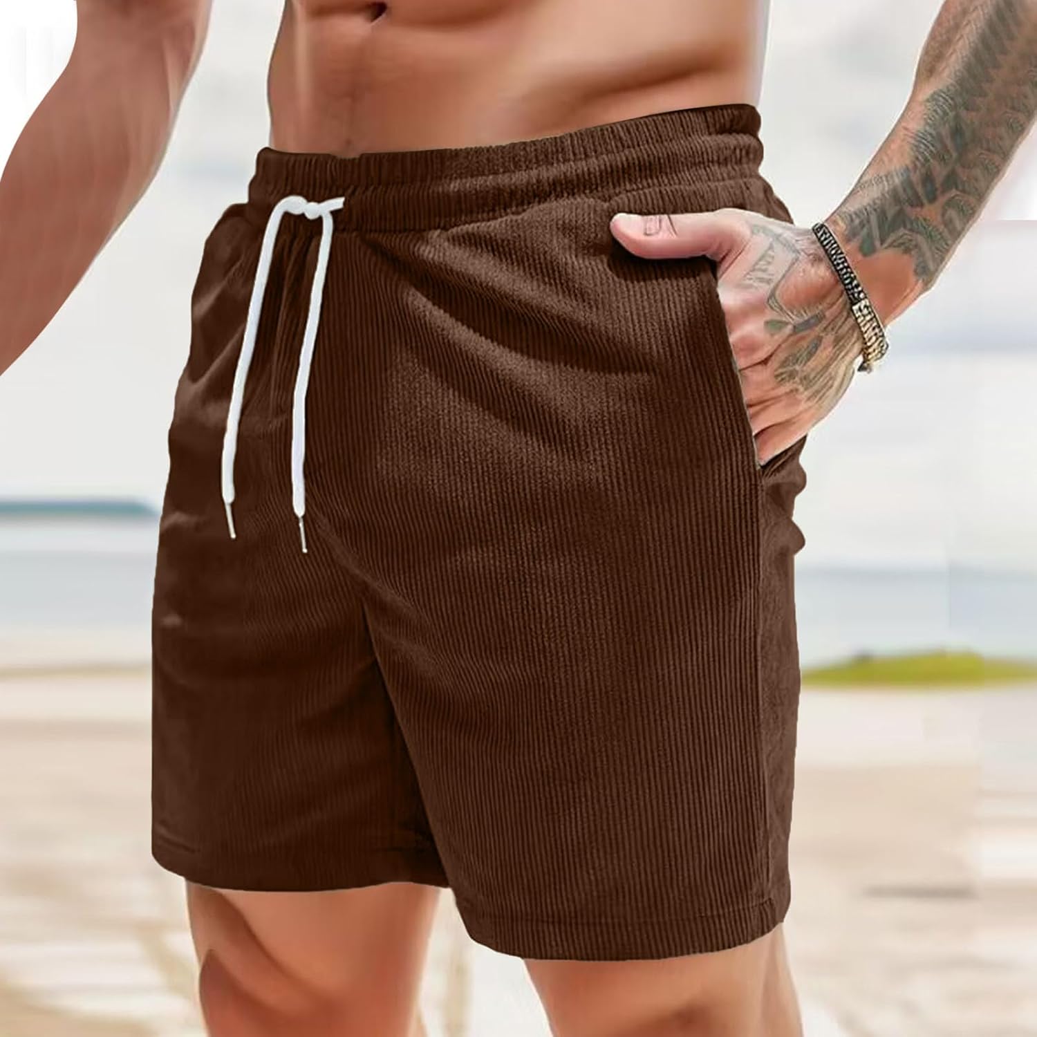 Mens Lightweight Loose Corduroy Shorts with Pockets