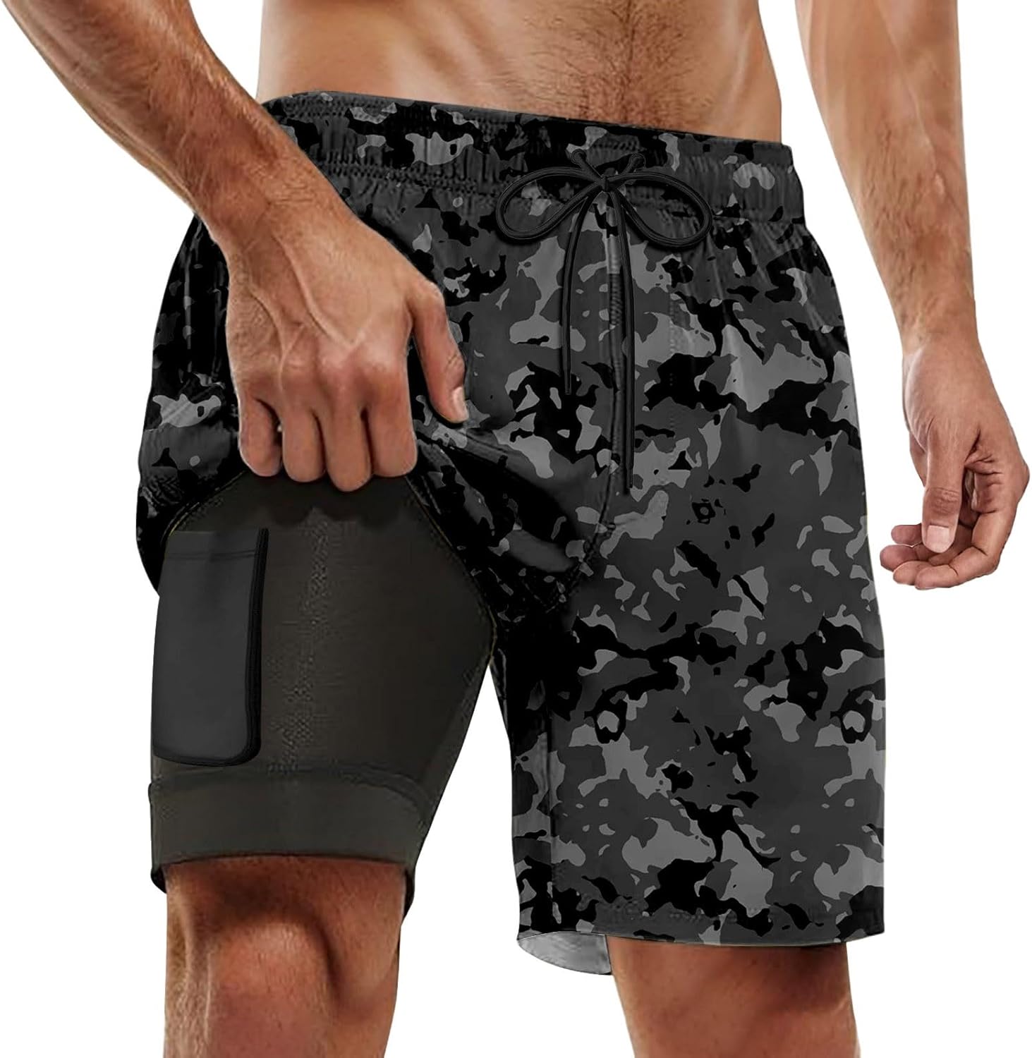 Mens Compression Swim Trunks with Pocket Camouflage Print for Summer