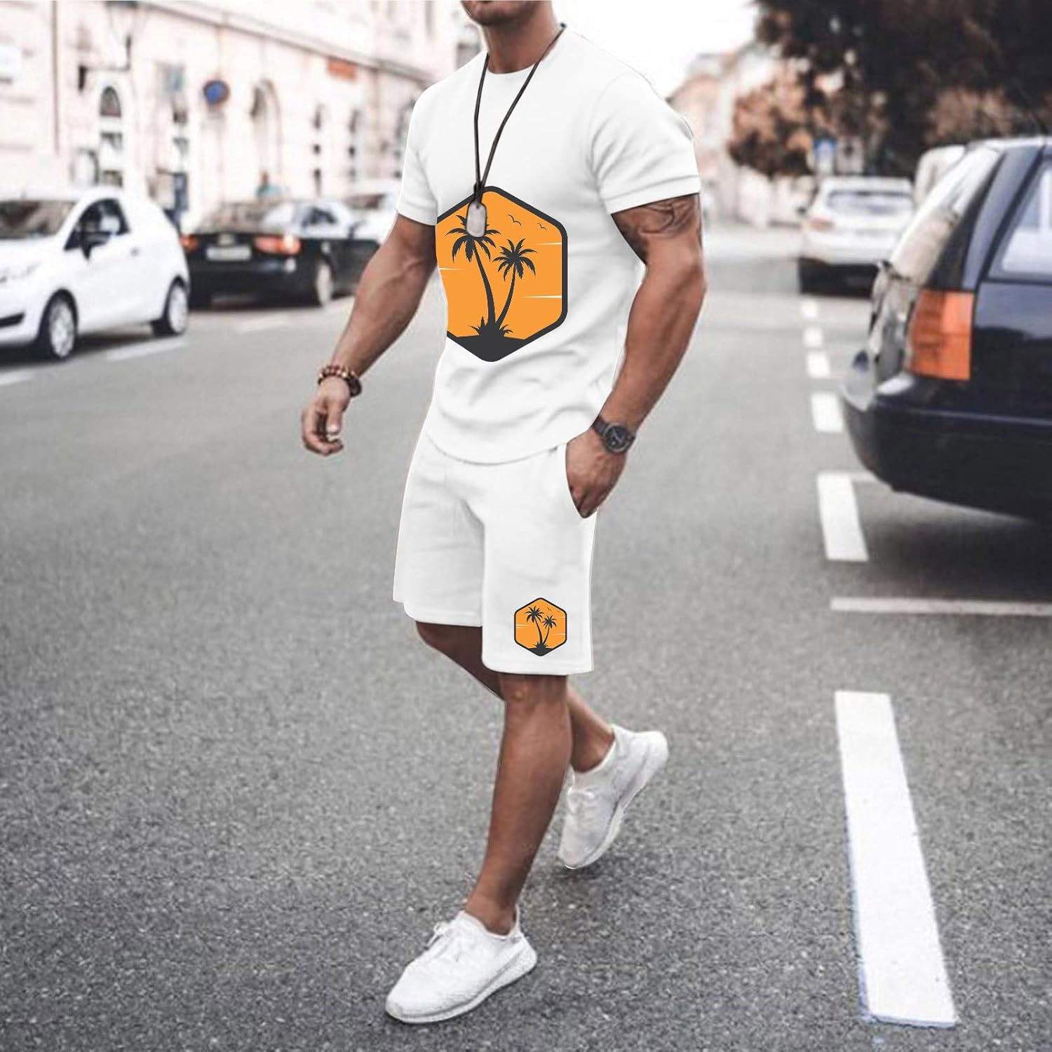 Mens Summer Relaxed Fit T-Shirt Shorts Set